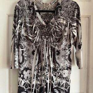 One World Black White Printed Tunic Beaded Crochet Neck Boho Top Size L